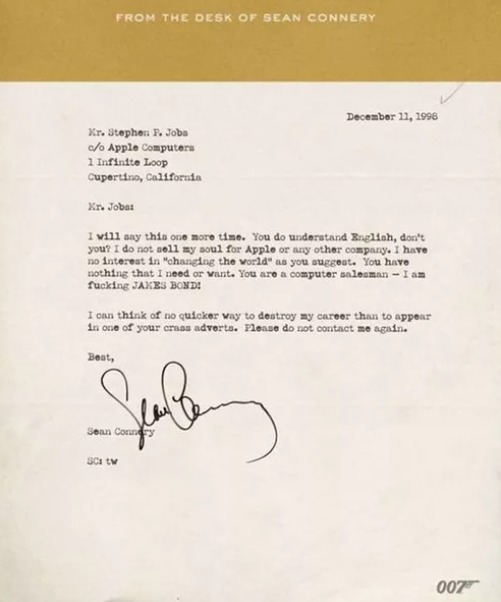 Carta falsa de Sean Connery a Steve Jobs. Carta falsa de Sean Connery a Steve Jobs.