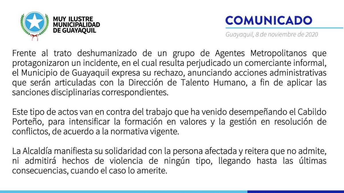 Alcaldía de Guayaquil ante agredión de agentes metropolitanos contra comerciante informal