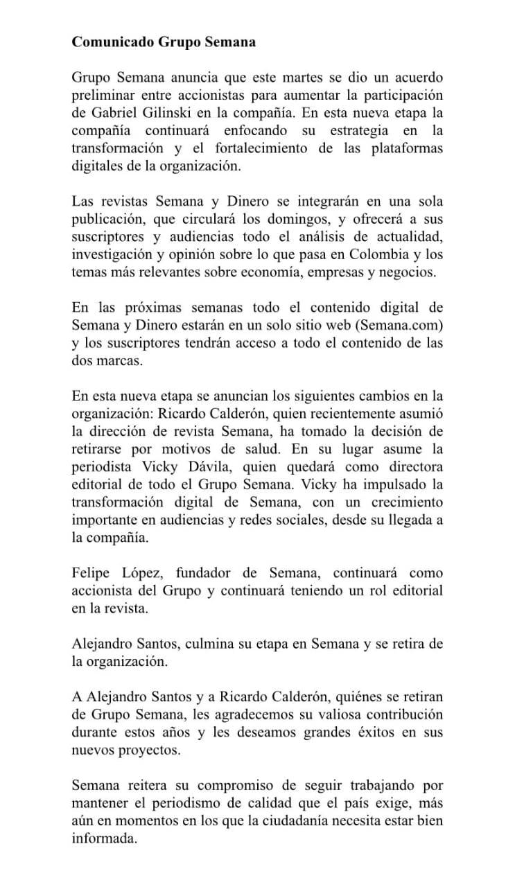 Comunicado Grupo Semana Comunicado Grupo Semana