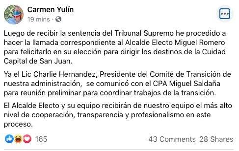 Carmen Yulín inicia transición