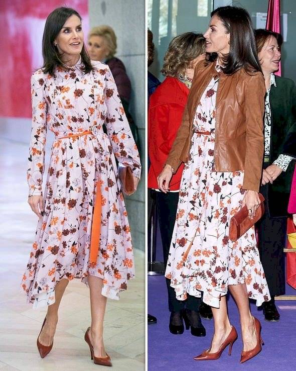 Letizia en su look más arriesgado acierta en un vestido plisado de estampado floral asimétrico y chamarra de gamuza y cuero