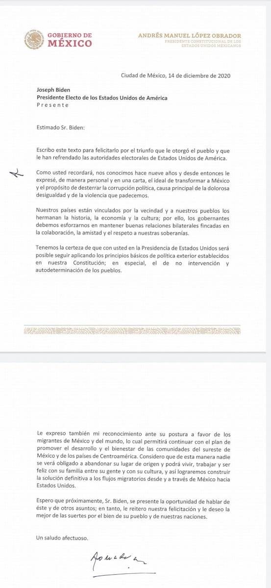 Carta del presidente Andrés Manuel López Obrador en la que felicita al presidente electo Joe Biden