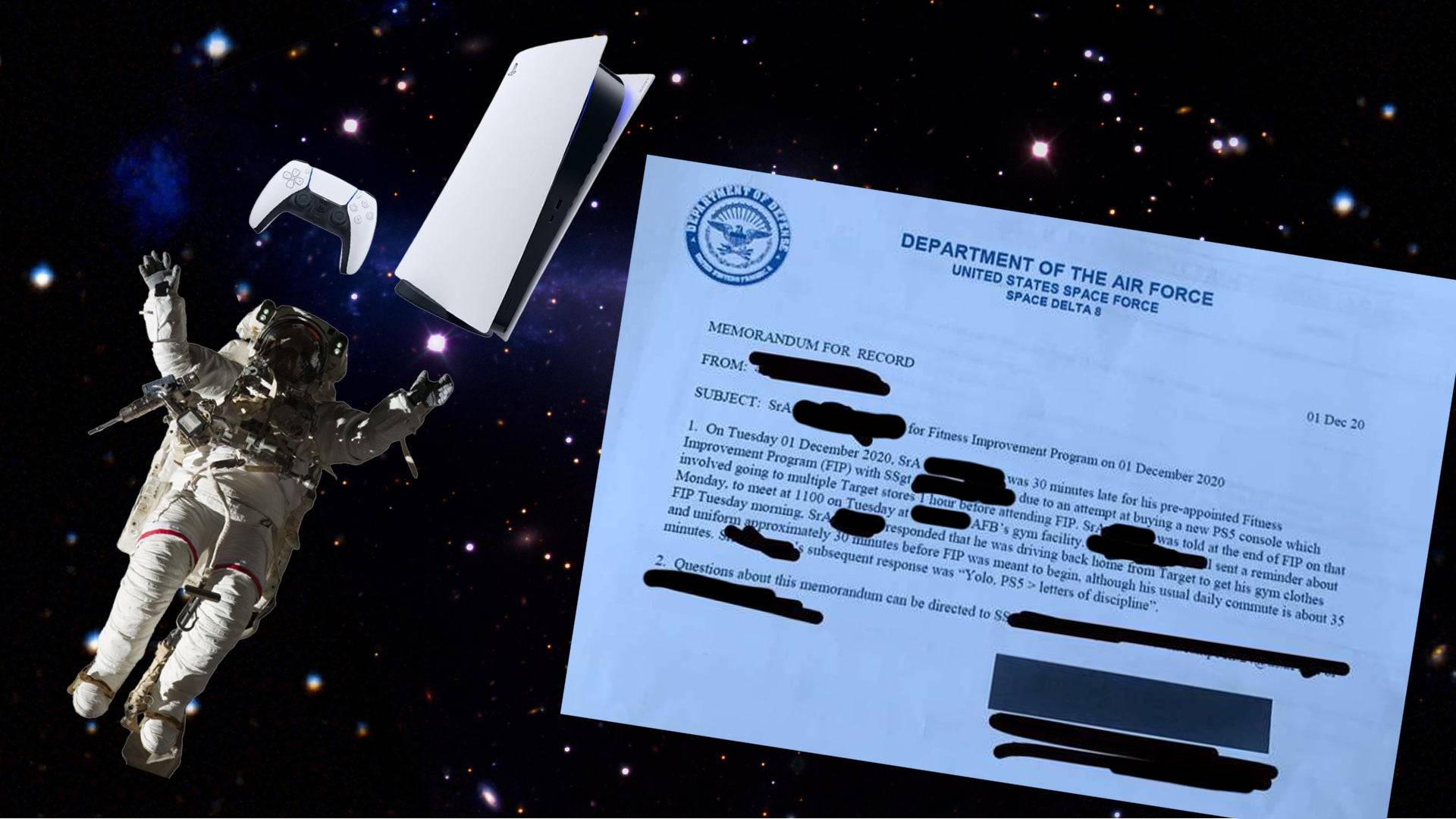Memorándum de la Fuerza Espacial al piloto por la compra del PlayStation 5. Memorándum de la Fuerza Espacial al piloto por la compra del PlayStation 5.