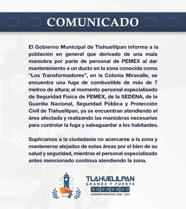 Comunicado oficial del Gobierno de Tlahuelilpan sobre la fuga