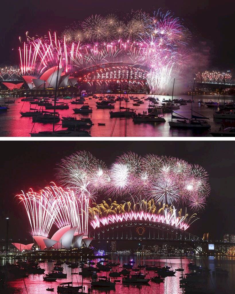 Una combinación de imágenes que muestra fuegos artificiales explotando sobre la ópera de Sídney y el puente harbour durante las celebraciones de Año Nuevo en Sídney, Australia, la foto superior tomada el viernes 1 de enero de 2021 y la inferior el jueves