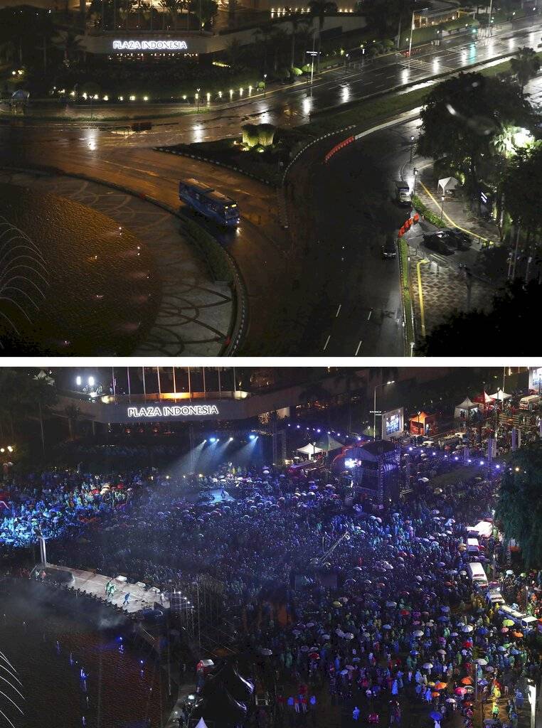 Esta imagen combinada muestra la rotonda del Hotel Indonesia en Yakarta, un lugar popular para la celebración de Nochevieja, tomada el jueves 31 de diciembre de 2020, foto superior, y martes, 31 de diciembre de 2019, foto inferior.