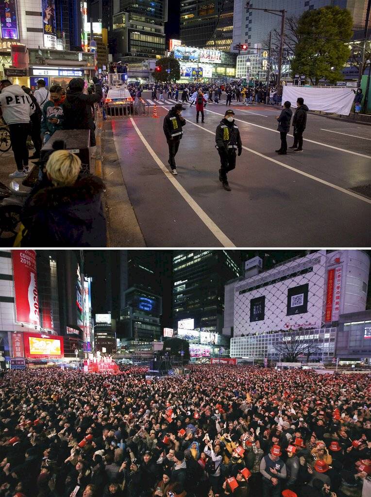 Esta imagen combinada muestra en la parte superior, la policía dirige a los visitantes alrededor del cruce de Shibuya, un lugar popular para la reunión de Nochevieja, el jueves 31 de diciembre de 2020, en Tokio, y por debajo, la gente se reúne para dar la