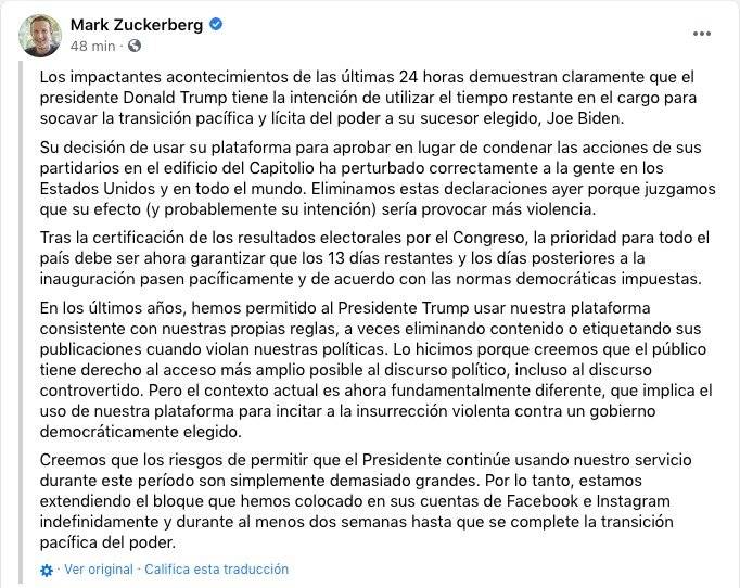 Pronunciamiento de Mark Zuckerburg