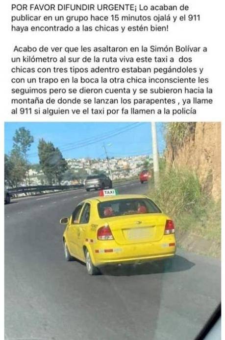 Alarma de secuestro a dos mujeres que iban en un taxi es falso, aclara Policía