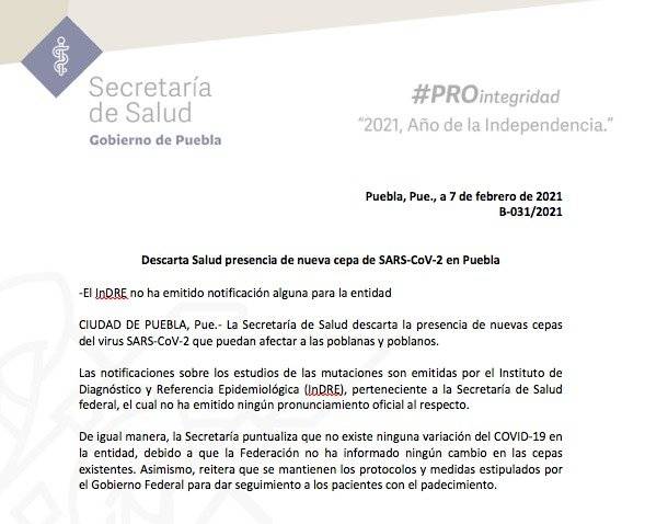 Comunicado de la SSa Puebla