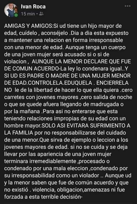 Ivan Roca eliminó la publicación de su Facebook