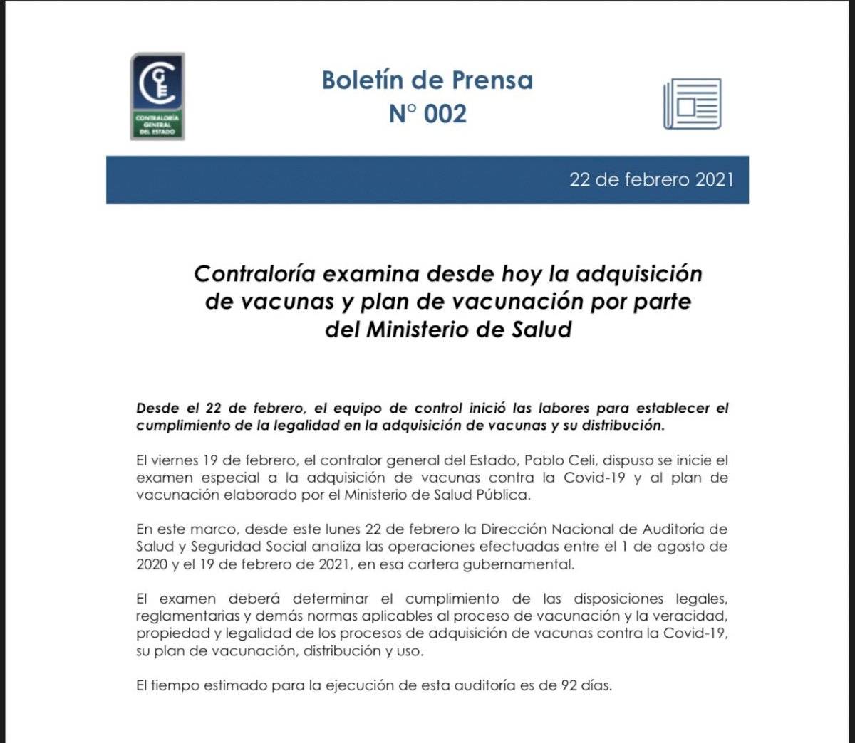 Contraloría auditará al Ministerio de Salud por la adquisición de vacunas contra el Covid-19 y plan de vacunación